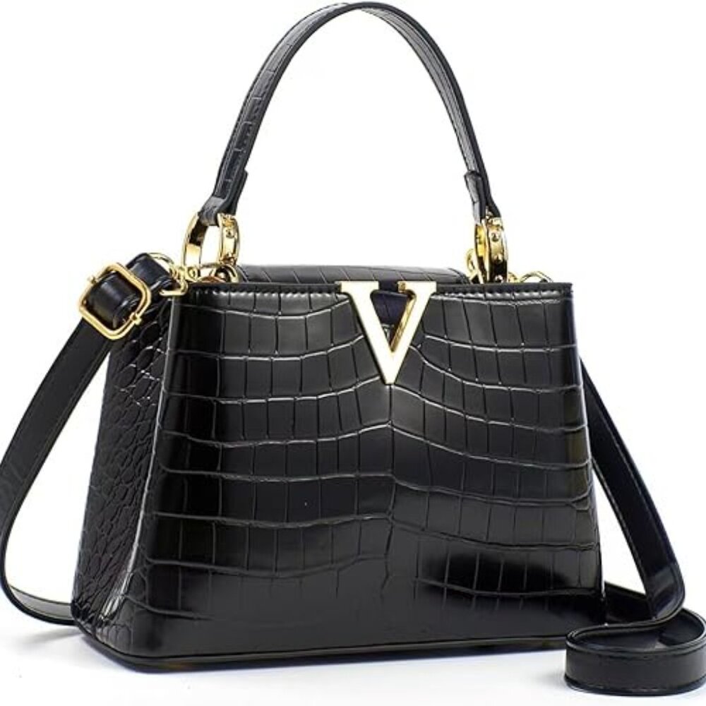 Neiman Marcus Black Croc Embossed Leather V Crossbody Bag